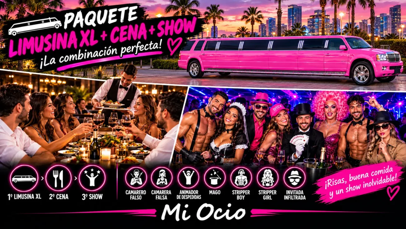 Paquete Limusina XL + Cena + Show de Mi Ocio, con limusina rosa, cena y espectáculo con animadores, stripper, mago e invitada infiltrada.