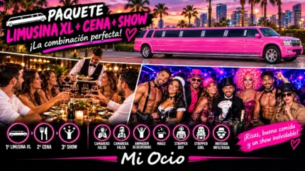 Paquete Limusina XL + Cena + Show de Mi Ocio, con limusina rosa, cena y espectáculo con animadores, stripper, mago e invitada infiltrada.