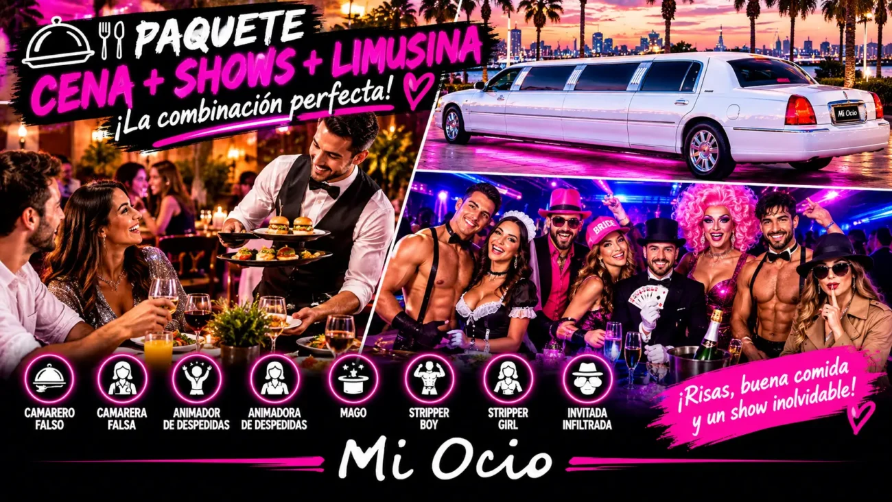 Paquete Cena + Shows + Limusina de Mi Ocio, con cena, animadores, camareros falsos, mago, stripper e invitada infiltrada junto a una limusina blanca.
