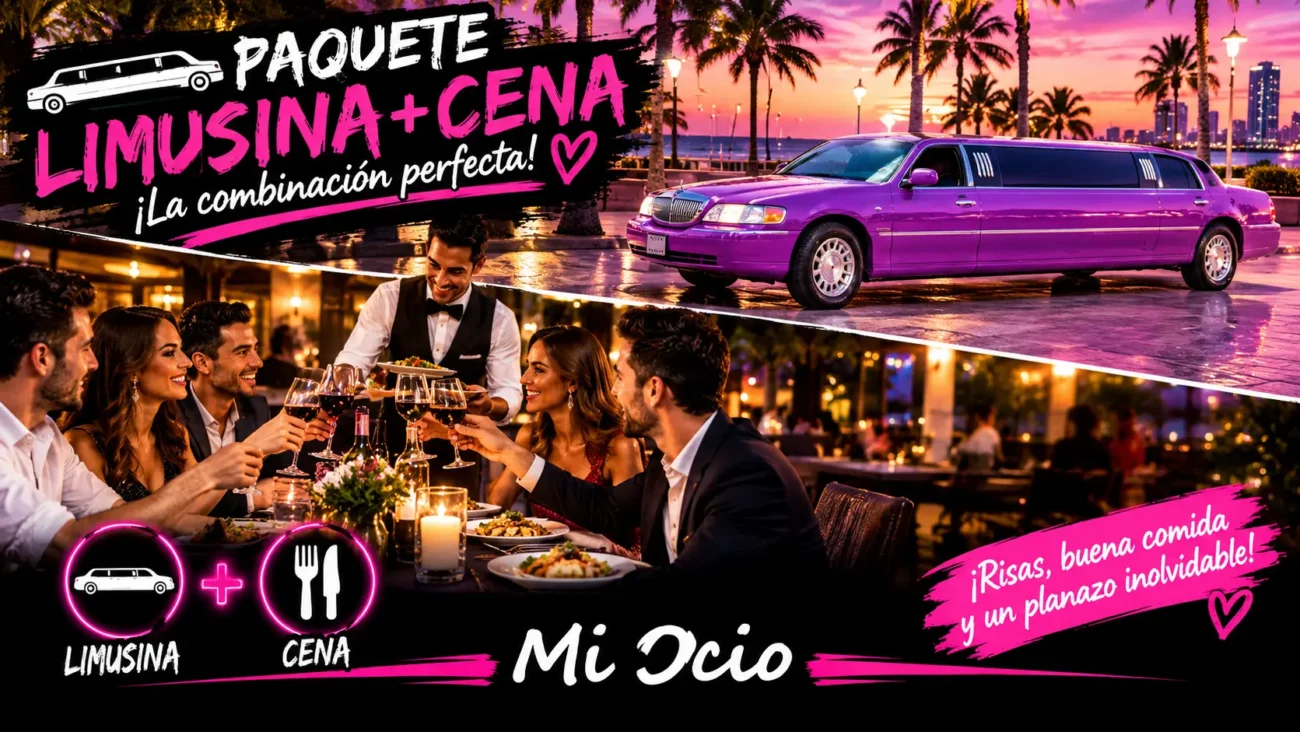Paquete Limusina + Cena de Mi Ocio, con limusina rosa, cena en restaurante y amigos brindando. Promoción de una experiencia combinada de limusina y cena.