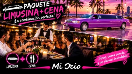 Paquete Limusina + Cena de Mi Ocio, con limusina rosa, cena en restaurante y amigos brindando. Promoción de una experiencia combinada de limusina y cena.