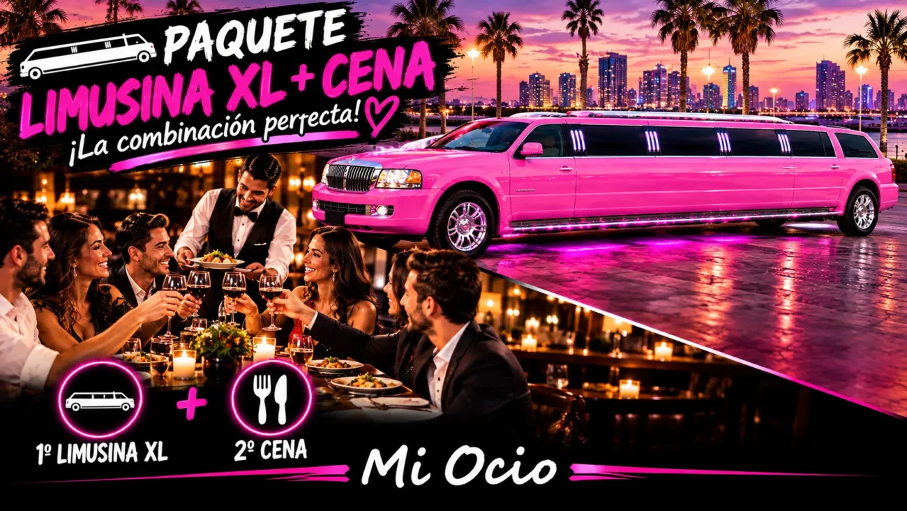 Paquete Limusina XL + Cena de Mi Ocio, con limusina rosa de gran tamaño, cena en restaurante y grupo de amigos disfrutando de la experiencia.