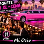 Paquete Limusina XL + Cena de Mi Ocio, con limusina rosa de gran tamaño, cena en restaurante y grupo de amigos disfrutando de la experiencia.