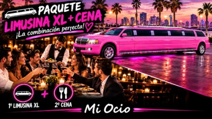 Paquete Limusina XL + Cena de Mi Ocio, con limusina rosa de gran tamaño, cena en restaurante y grupo de amigos disfrutando de la experiencia.