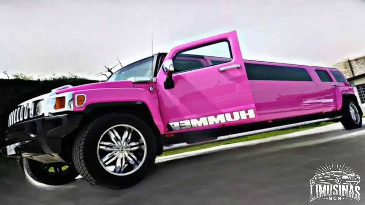 limusina hummer rosa con una vistas en la ciudad