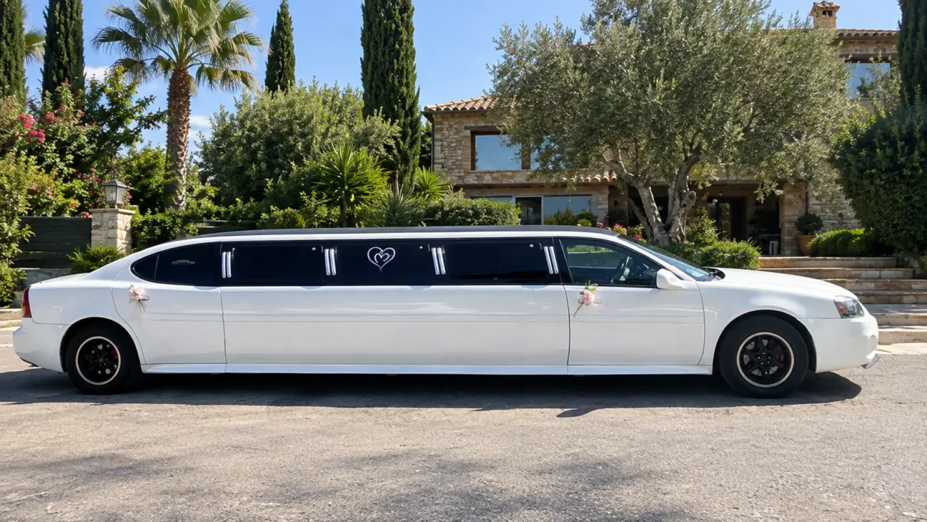Limusina Pontiac Blanca en Barcelona, vista lateral completa